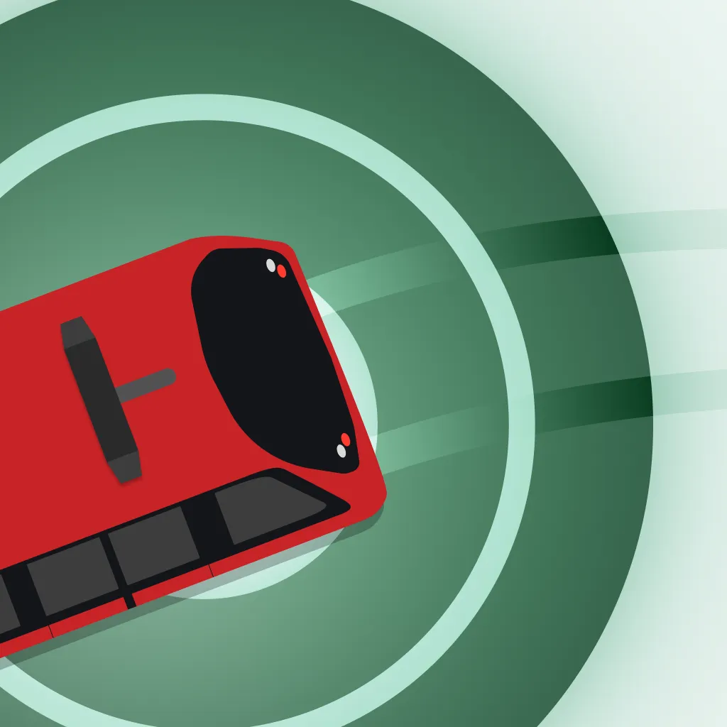 Icône de l'application représentant un tramway sur l'écran d'un radar vert